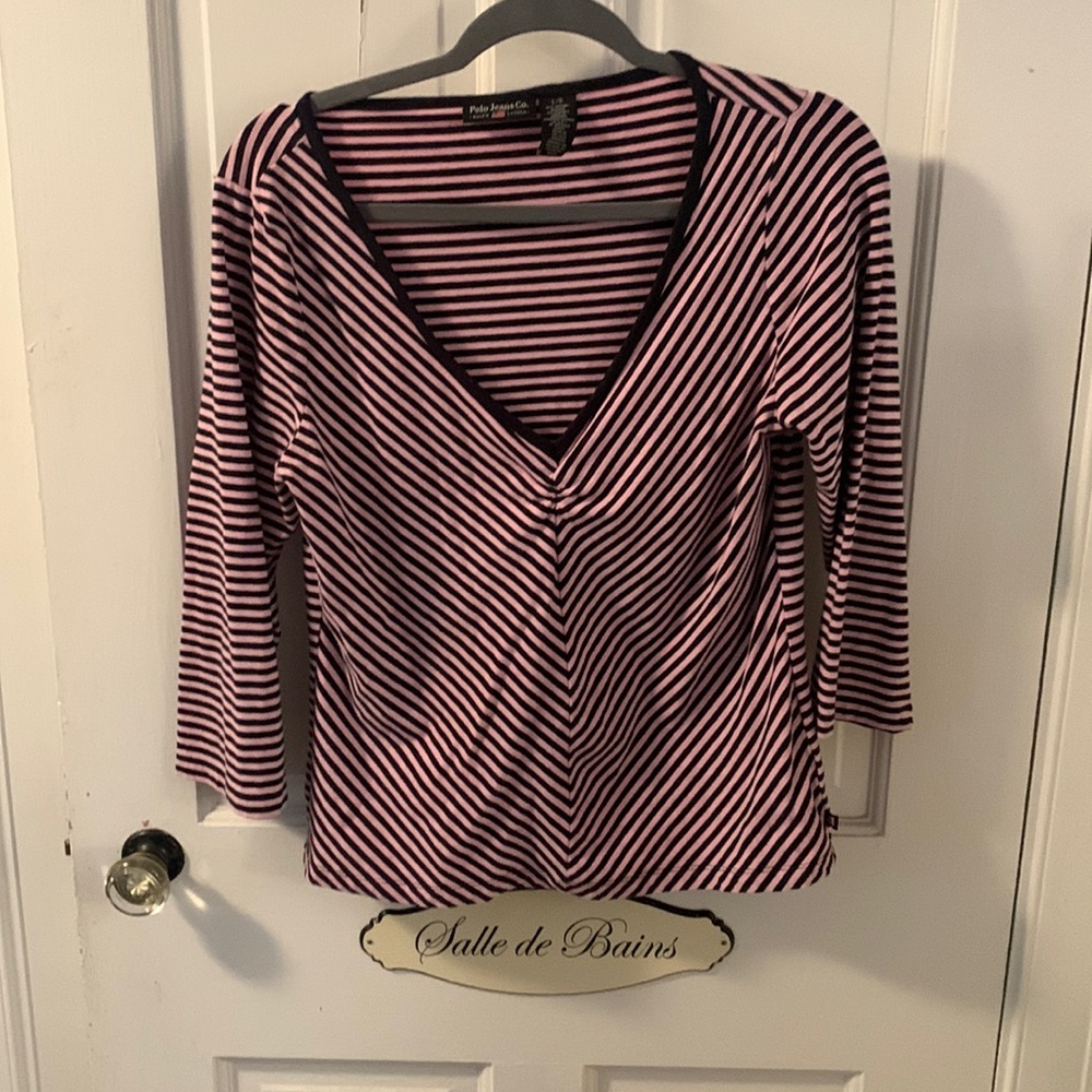 Polo ( Ralph Lauren)  pink and black strip v neck top